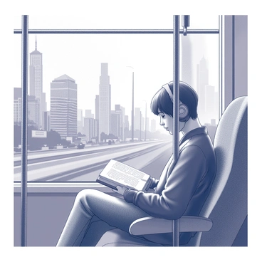 A person seated on a train, wearing headphones while focused on a book. The individual has short hair and is dressed casually in a jacket and jeans. The train's interior features metal poles and fabric-covered seats. Outside the window, various cityscapes can be seen, including tall buildings, bustling streets, and distant skyscrapers. The lighting suggests it is daytime, with clear visibility of the urban environment rushing past. The scene captures a moment of personal tranquility amidst the fast-moving city.