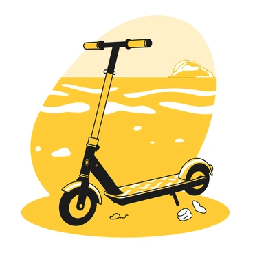 A folding scooter parked near a sandy beach with waves in the background