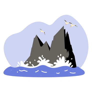 A flat design of dramatic sea cliffs with sharp, jagged edges rising prominently from the ocean. The cliffs are a deep gray color, contrasting with the vibrant blue waves crashing against them. White foam sprays from the impact of the waves, creating an eye-catching dynamic effect. In the background, a clear blue sky stretches across the scene, enhancing the vividness of the cliffs and sea. Seagulls can be seen flying above the cliffs, adding to the sense of height and drama in the illustration.