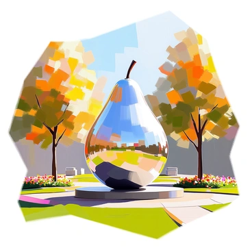 A modern art sculpture located in a green park, abstractly shaped to resemble a giant pear. The sculpture is crafted from polished metal, reflecting sunlight and casting intriguing shadows on the grass below. It features smooth, flowing curves and an elongated stem that rises prominently. Surrounding the sculpture are well-maintained flower beds and a walking path that invites visitors to approach and observe from different angles. A few trees with vibrant foliage stand in the background, framing the sculpture and enhancing the natural setting.
