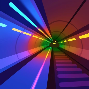 A series of colorful LED lights in vibrant hues of blue, red, green, and yellow running along the ceiling of a metro tunnel. The lights cast bright reflections on the metallic walls of the tunnel. The tunnel has a smooth, rounded structure with concrete surfaces, and the atmosphere is illuminated by the warm glow of the lights, creating a dynamic contrast with the shadows in the background. The beams of light create a sense of movement as they stretch into the distance, leading the viewer's eye along the tunnel.