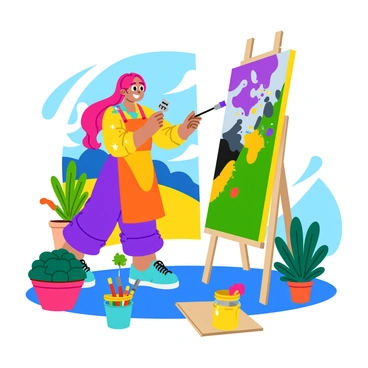 A woman with long, flowing hair is energetically applying bright colors to a large canvas in her open-air studio. She wears a colorful apron splattered with paint, and her hands are covered in various hues. The canvas is filled with dynamic shapes and vivid splashes of color, showcasing a bold abstract design. Surrounding her are potted plants and brushes in jars, adding to the creative atmosphere. The sunlight filters through the trees, casting playful shadows on the ground.