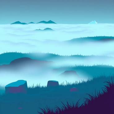 A misty moor shrouded in thick, rolling fog that blankets the ground. The landscape features uneven terrain with patches of long, wild grass and scattered boulders, partially hidden by the mist. Silhouettes of distant hills loom in the background, adding to the sense of isolation. The air is filled with faint echoes of howls, suggesting the presence of unseen creatures in the night. The atmosphere is heavy with an eerie silence, interrupted only by the sounds of the howls that resonate through the fog.