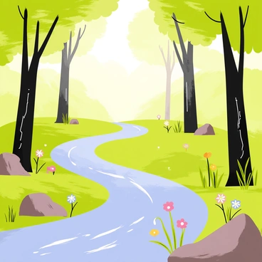 A forest with tall, elegant trees featuring slender trunks and lush green leaves. The sunlight filters through the foliage, creating shimmering spots of light on the forest floor. A flowing river winds through the scene, its clear water reflecting the light from the trees. Small rocks and pebbles line the riverbank, while various plants and flowers dot the landscape, adding vibrant colors.