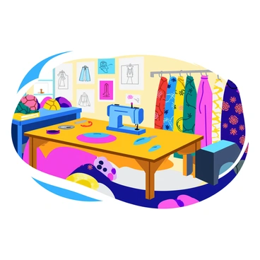 A designer's studio filled with colorful fabrics featuring bold prints and patterns. The studio includes a large fabric cutting table covered with various swatches of material in bright hues. Several rolls of fabric stand upright against the walls, showcasing vibrant geometric and floral designs. A sewing machine sits on the table, surrounded by scissors, pins, and sketches of clothing ideas. Light streams in from a nearby window, illuminating the eclectic mixture of textures and colors throughout the space.
