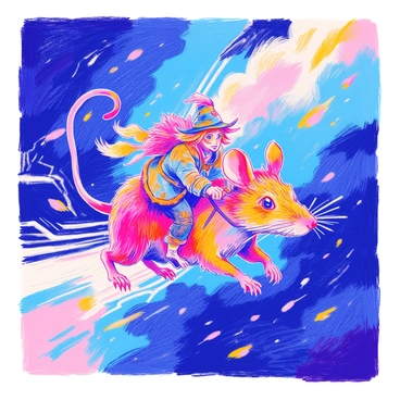 A skaven with matted fur and a mischievous expression is riding a giant rat. The rat has bristly fur and large, keen eyes, darting through the stormy sky. Dark, swirling clouds fill the background, illuminated by flashes of lightning. The skaven is gripping onto the rat’s fur, wearing tattered clothing and a small, crooked hat. Raindrops are falling from the clouds, creating streaks around them. The scene conveys a sense of movement as the rat speeds through the tempest.