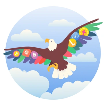An eagle is soaring high in the sky, its majestic wings outstretched. The wings are intricately woven with various cryptocurrency symbols, such as Bitcoin, Ethereum, and Litecoin, creating a vibrant display of colors and shapes. The eagle's sharp, focused eyes are scanning the landscape below. The background features a bright blue sky with a few fluffy white clouds scattered throughout. The sunlight glints off the eagle's feathers, highlighting the detailed craftsmanship of the cryptocurrency symbols in its wings.