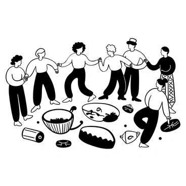 A group of individuals from various cultural backgrounds standing in a circle, each person wearing traditional attire indicative of their heritage. They are holding hands, forming a strong connection. Each dancer is engaged in a unique traditional dance, showcasing distinctive movements and rhythms. The ground beneath them is adorned with intricate patterns that reflect the diversity of their cultures, while musical instruments representing different traditions are placed around the circle.