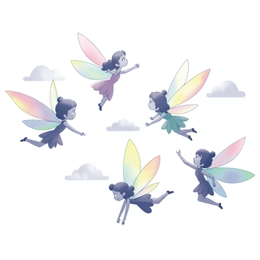 A group of fairies with delicate, intricate wings are soaring through the sky. Each fairy's wings display a different pattern and texture, showcasing vibrant hues reminiscent of a rainbow. They are depicted in graceful flight, with their bodies elegantly posed as they navigate through soft clouds. The fairies are surrounded by a gentle breeze, which ruffles their garments, adding a sense of motion to the scene. Their expressions reflect joy and playfulness, enhancing the whimsical nature of their flight.