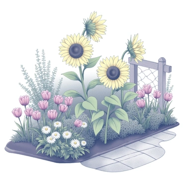 A garden filled with various flower types in full bloom. There are tall sunflowers with large heads facing upward, surrounded by clusters of smaller daisies and vibrant tulips. Green leaves and foliage frame the flowers, showcasing the diversity of plant life. A stone path weaves through the garden, inviting a viewer to explore the blooming beauty. In the background, a wooden fence can be seen, partially covered in climbing vines, adding to the sense of a well-tended space.