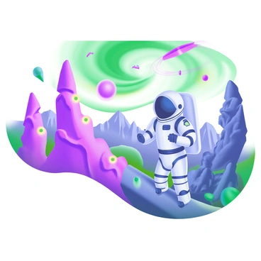 An astronaut in a sleek space suit stands on the surface of a mysterious planet. The astronaut is examining unusual rock formations that have intricate textures and vibrant colors. Above, the sky is filled with swirling shades of green and purple, dotted with unusual celestial bodies. In the distance, a range of towering, jagged mountains can be seen under the colorful sky. The ground is uneven with patches of glowing vegetation scattered throughout the landscape.
