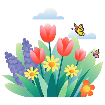 A vibrant garden filled with a variety of colorful blooming flowers is depicted. There are red tulips with smooth petals standing tall alongside clusters of yellow daisies with bright centers. Purple lilacs are blooming on the left, while orange marigolds add warmth on the right. In the background, lush green leaves provide a full and lively backdrop. A few butterflies with intricate patterns and vivid colors are fluttering among the flowers, enhancing the scene's liveliness. A bright blue sky peeks above, completing the cheerful garden atmosphere.