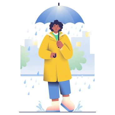 A weather reporter with medium skin and short curly hair is standing in the rain, holding a microphone in her right hand and an umbrella in her left. She is wearing a bright yellow raincoat that contrasts with the gray sky. The rain is falling heavily around her, creating small splashes on the ground. Her expression is focused as she looks into the camera. The background features blurred outlines of trees and buildings, shrouded in a misty atmosphere. The umbrella is open above her, providing partial shelter from the rain.