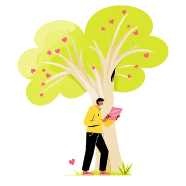 A person standing under a large tree with an expansive canopy filled with vibrant green leaves shaped like hearts. The person is holding a folded love letter in their hands, gazing thoughtfully at it. The tree trunk is thick and sturdy, with textured bark. The ground is covered in soft grass, and a few heart-shaped leaves have fallen around the person, adding to the romantic atmosphere. The scene is warm and inviting, capturing a moment of contemplation and affection.