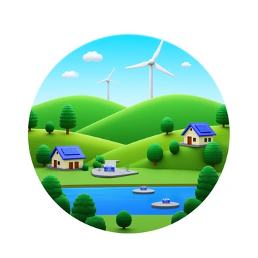 A landscape featuring rolling green hills and clear blue skies. There are wind turbines in the distance, generating energy with sleek, modern designs. Solar panels are integrated seamlessly into the roofs of charming cottages scattered throughout the scene. A gentle river flows through the landscape, with carefully designed floating platforms displaying PMAT technology. Lush trees surround the area, providing shade and a habitat for wildlife. The entire scene conveys a sense of balance between nature and technology, with each element blending smoothly into the picturesque environment.