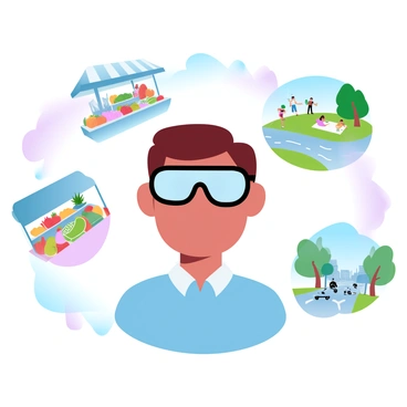 A person wearing cartoonish blinders is standing at the center of the image. The blinders are large and exaggerated, obscuring the person's view on both sides. Around them are various scenes representing diverse situations that they cannot perceive. To the left, a bustling market with colorful stalls filled with fruits and vegetables is visible. To the right, a park with people enjoying a picnic on a vibrant green lawn is depicted. In the background, a busy street with cars and pedestrians illustrates the hustle and bustle of city life. Bright colors dominate the scenes, creating a dynamic contrast against the person with blinders.