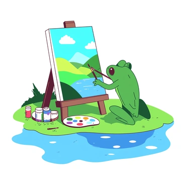 A green frog is standing on its hind legs in front of a white canvas, which is set on an easel by the edge of a pond. The frog is holding a paintbrush in its front webbed hands, and it appears focused on its artwork. The canvas displays a vibrant landscape filled with a blue sky, fluffy clouds, green hills, and a sparkling pond. Next to the frog, there are several paint tubes in various colors scattered around, and a small palette with different paint blobs rests on the grass. The pond's surface reflects the colorful scene, creating a harmonious setting.