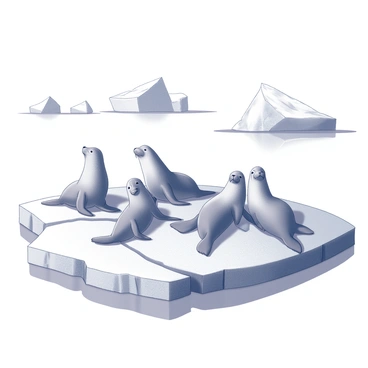 A group of seals lounging on a large, flat ice floe. The seals are positioned in various poses, some resting with their flippers stretched out, while others are sitting upright with their heads lifted. In the background, multiple icebergs float serenely, with varying shapes and sizes, casting elongated shadows on the water. The surface of the ice is textured, showing cracks and ridges, while the water around the ice floe is calm. The scene captures the peaceful interaction between the seals and their icy environment.