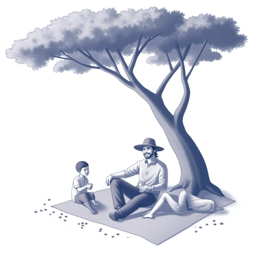 A coffee farmer is sitting on a blanket spread on the ground beneath a large tree. The farmer is wearing a straw hat and is smiling. Next to the farmer, there are two family members, one is a child holding a small cup and the other is a partner lounging comfortably. The ground is scattered with coffee beans. The scene shows the tree's broad branches extending overhead, providing shade. The sun can be seen filtering through the leaves, creating a pattern of light and shadow on the ground.