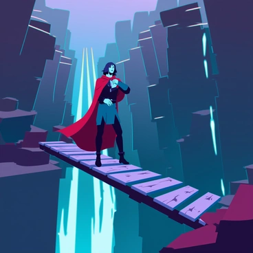 A figure resembling Dante, with medium-length dark hair and wearing a medieval-style cloak, stands on a narrow, rickety wooden bridge. The bridge is weathered, with some planks missing, and it sways precariously above a deep, dark abyss that seemingly stretches into nothingness. Shadows loom around the edges of the abyss, and faint, ghostly flickers of light can be seen in the depths. Dante’s expression reflects determination as he grips the bridge's railing tightly, his cloak billowing slightly in an unseen wind. The atmosphere is tense, with a sense of danger and uncertainty surrounding him.