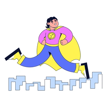 A superhero with a muscular build is captured mid-air, performing a dynamic leg extension. The superhero is wearing a sleek, brightly colored costume with a bold emblem on the chest. The cape flows behind as they leap into action. The background features a simple city skyline, emphasizing the height of the leap. The superhero's face is determined, with a confident expression as they prepare to land heroically.