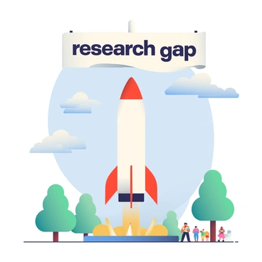 A large rocket with a white and red color scheme is situated on a launch platform ready for takeoff. The rocket is emitting plumes of smoke and flames from its engines as it ascends into the sky. Above the rocket, there is a rectangular banner that reads "research gap" in bold, black letters. The banner is flapping in the wind, contrasting against the bright blue sky filled with a few scattered clouds. The launch platform is surrounded by green trees and a crowd of onlookers in the background, all eagerly watching the launch.