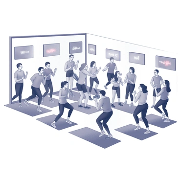 A fitness class filled with energetic participants engaged in various exercises. Each individual is dressed in athletic wear, displaying a range of styles and colors. They are surrounded by digital screens that are mounted on the walls, showing real-time heart rate readings. Some participants are performing jumping jacks while others are engaged in strength training with weights. A trainer is leading the class at the front, encouraging the participants with enthusiastic gestures. The atmosphere is lively, with some individuals smiling and others focused on their screens.