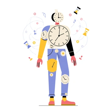 A timekeeper with a body fragmented into abstract, clock-like pieces