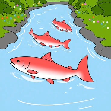 A group of vibrant pink salmon swimming upstream in a clear, flowing river. The fish have shiny scales that glimmer in the sunlight as they navigate the water. On either side of the river, there are lush green riverbanks filled with various plants and bushes. Some colorful flowers are blooming among the greenery, adding splashes of color. The surface of the water ripples gently as the fish move, creating small waves and splashes. The scene captures the energetic movement of the salmon against the tranquil backdrop of nature.