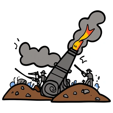 A large cannon positioned on a rocky battlefield, its barrel angled upward as it fires a dramatic burst of smoke and flames. The cannon is made of dark metal and has intricate detailing on its surface. Thick, gray clouds of smoke billow out from the cannon's muzzle, while vibrant orange and yellow flames erupt, illuminating the surrounding area. In the background, scattered debris and a blurred outline of soldiers in battle can be seen, enhancing the intensity of the scene. The sky is filled with dark smoke, adding to the chaos of the battlefield atmosphere.
