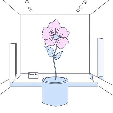 A sculpture made entirely of sugar, shaped like a delicate flower with intricate petals. The flower is displayed on a sleek glass pedestal within a bright gallery space. Soft light highlights the translucent quality of the sugar, making it shimmer. The background features white walls and minimalist decor, allowing the sugar flower to stand out as the focal point of the exhibit. A small information plaque with the words "Sugar Art" is placed beside the pedestal.