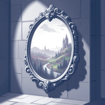 A large, ornate mirror hangs on a rough stone wall inside a dimly lit dungeon. The mirror's frame is intricately carved with swirling patterns and mythical creatures. The glass surface of the mirror is slightly foggy, revealing a distorted image of an alternate realm filled with strange landscapes and fantastical structures. The reflection shows a vibrant forest with unusual plants and trees, a distant castle atop a hill, and a sky filled with unusual clouds. Shadows loom in the corners of the dungeon, adding an air of mystery around the mirror.