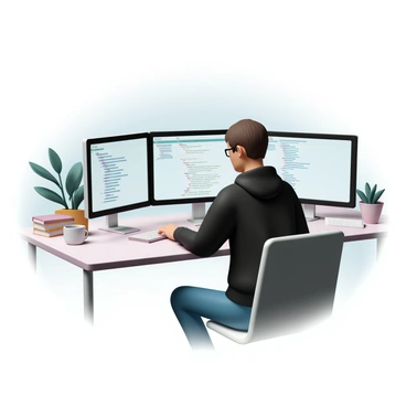 A software developer coding at a computer with multiple screens