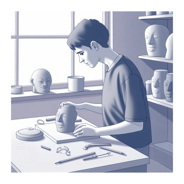 An artist stands at a workbench in a studio, focused intently on shaping a medium-sized clay sculpture of a human face. The artist's hands are covered in clay, carefully manipulating the material to refine the features. The studio is filled with tools for sculpting, such as wire loop tools and wooden modeling tools, scattered across the workbench. Natural light filters in through a nearby window, illuminating the workspace. Shelves in the background display other clay sculptures and art supplies. The artist's expression reflects concentration and creativity as they work on the intricate details of the face.