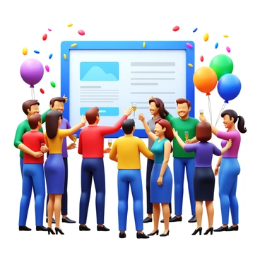 A team of diverse professionals celebrating in an office environment. They are smiling and high-fiving each other, surrounded by colorful balloons in various shades. A large screen in the background displays the new product, showcasing its features and branding prominently. Some team members are holding champagne flutes, and a festive atmosphere is evident with confetti falling around them. The room is well-lit and decorated to mark the occasion.