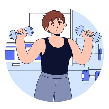 A person with short brown hair is standing in a gym, performing light hammer curls. They are wearing a fitted black tank top and gray workout shorts. In each hand, they hold a small dumbbell with a metallic finish. The person has a focused expression as they lift the dumbbells to shoulder height. The gym is equipped with various fitness equipment, including a bench and weights in the background. The floor is a light-colored rubber surface.
