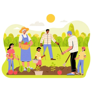 A multi-generational family is working together in a lush green farm field. The scene shows a grandmother with silver hair, wearing a wide-brimmed straw hat and holding a basket filled with fresh vegetables. Beside her, a father in a plaid shirt is tilling the soil with a hoe. A mother, dressed in a colorful apron, is picking ripe tomatoes from the plants. Two children, a girl and a boy, are carrying small buckets, helping to gather produce. The background features rows of vibrant crops and trees, with the sun shining brightly overhead.