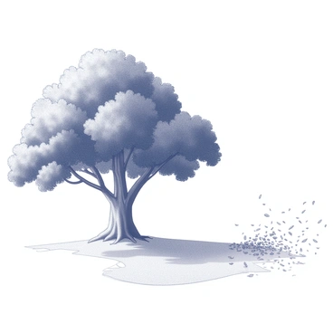 A large tree stands on the left side of the image, featuring a thick trunk and a dense canopy of leaves that create a full silhouette. The tree appears robust and healthy, with branches extending outward. On the right side of the image, there is a patch of dry chaff being blown by a gentle breeze. The chaff is scattered across the ground, with some pieces lifted and swirling in the air. The composition presents a stark contrast between the vitality of the tree and the arid nature of the dry chaff.