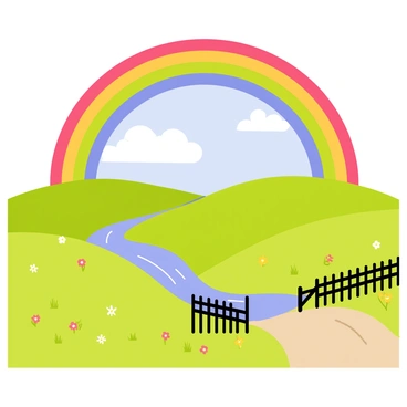 A vibrant rainbow with bright red, orange, yellow, green, blue, and purple stripes arches high over a lush green countryside landscape. Below the rainbow, a patchwork of rolling hills stretches out, dotted with small clusters of colorful wildflowers in shades of pink, white, and yellow. A gentle stream flows through the landscape, reflecting the colors of the sky. The scene features a clear blue sky with fluffy white clouds scattered across it, indicating the recent rain shower has passed. In the foreground, a quaint wooden fence runs along a dirt path leading into the distance.