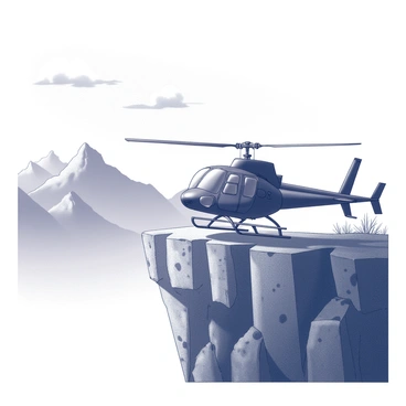 A helicopter is positioned on the edge of a cliff, its rotors still. The cliff is rugged and rocky, with uneven surfaces and shadows cast by the setting sun. Below, a vast mountain range stretches into the distance, featuring sharp peaks and deep valleys. The sky above is expansive, with a few clouds scattered throughout. The helicopter's body reflects light, highlighting its sleek design. Nearby, sparse vegetation clings to the cliffside, adding texture to the scene.