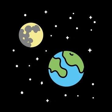 A dark night sky filled with stars, showcasing a detailed depiction of the Earth as a blue and green sphere. A large, glowing moon positioned in the background, featuring visible craters and surface details. The overall scene emphasizes the contrast between the illuminated moon and the deep, dark sky.