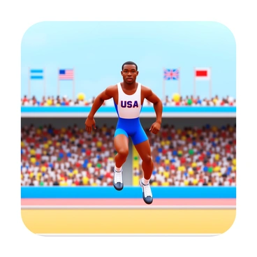 Jesse Owens in mid-air during a long jump at the Olympics, capturing the precise moment of his leap. He is wearing a classic athletic uniform featuring "USA" prominently displayed on the chest. His arms are extended for balance, and his legs are in an athletic posture, showcasing the power and grace of his jump. The background includes a vibrant crowd in the stands, with flags and banners waving. The sand pit is visible below, indicating the landing area. The sky above is bright and clear, emphasizing the excitement of the event.