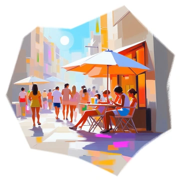 A bustling city street under a bright sun, with pedestrians hurriedly moving to find refuge from the intense heat. A group of people is gathered around a small café, sipping cold drinks and shaded by large umbrellas. Some individuals are resting against building walls, seeking relief in the shadows cast by tall structures. A child holds an ice cream cone, while a vendor nearby sells chilled bottled water. The pavement shimmers from the heat, creating a dynamic scene of urban life during a heatwave.