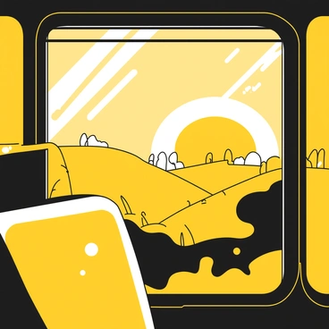 A bus window with condensation on the glass, framing a sunset. The sky is filled with yellow hues, with the sun positioned low on the horizon. In the background, there are fields of grass and hills rolling into the distance. Silhouettes of trees stretch across the landscape, and patches of darker shadows contrast with the light. The bus seat is visible in the foreground, slightly out of focus, providing a cozy interior view.