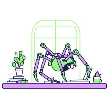 A mechanical spider with articulated legs is crawling across a wooden desk. The spider features a shiny metallic body that reflects light, showcasing intricate details in its design. Each of its eight legs moves fluidly, displaying joints that mimic the motion of a real spider. The desk is cluttered with various items, including a stack of papers, a small potted plant with green leaves, and an open laptop. The environment suggests a workspace, with a few scattered pens and a coffee mug to the side. In the background, a wall with a large window allows natural light to flood the scene.