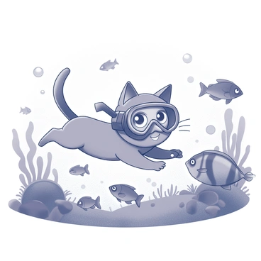 A cartoon cat wearing a diving mask is swimming in an underwater environment. The cat has exaggerated features, such as large, expressive eyes and a playful grin. Surrounding the cat is a variety of fish, each with distinct shapes and sizes. Some fish are swimming in schools, while others are exploring the coral reefs that dot the ocean floor. The cat is curiously reaching out towards one of the fish, showcasing an interaction between the two. Gentle waves and bubbles are visible around the cat, adding to the sense of movement in the water. The underwater scene is lively, filled with vibrant aquatic life.