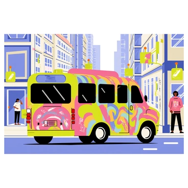 A colorful bus covered in vibrant graffiti is driving through a city street. The bus features a variety of artistic designs, including bold patterns and bright colors. Surrounding the bus, the city walls display an array of street art with murals and tags, showcasing various styles and themes. The scene captures a lively urban atmosphere with pedestrians walking on the sidewalks and tall buildings lining the street.