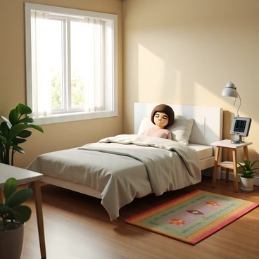 A cozy bedroom setup with a person sleeping while EEG data is recorded