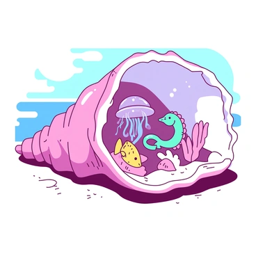 A large, vibrant seashell lies partially opened on a sandy ocean floor, revealing a miniature underwater world inside. The interior of the seashell is a mix of pink and white hues, showcasing tiny coral structures in a variety of shapes and sizes. Inside the seashell, there are small, magical creatures, including a turquoise seahorse gracefully swimming, and a yellow fish with shimmering scales darting between the corals. Delicate jellyfish with luminescent tentacles float gently, casting soft glows in the tiny underwater environment. The background features a clear blue ocean with sunlight filtering down, illuminating the enchanting scene within the seashell.