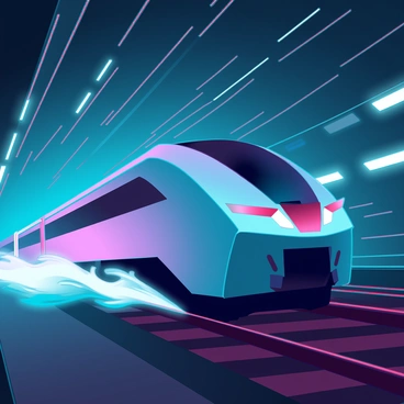 An express train with a sleek, metallic exterior is speeding through a dimly lit underground subway tunnel. The train is elongated, with aerodynamic curves that emphasize its speed. Bright, glowing lights illuminate the tunnel walls, revealing a mix of concrete and metal construction. The front of the train features sharp, angular designs with a vibrant color scheme. As it rushes past, a gust of wind creates a swirling motion of dust and debris around the tracks. The atmosphere inside the tunnel is charged with energy, and the sound of the train's rapid movement echoes through the space.